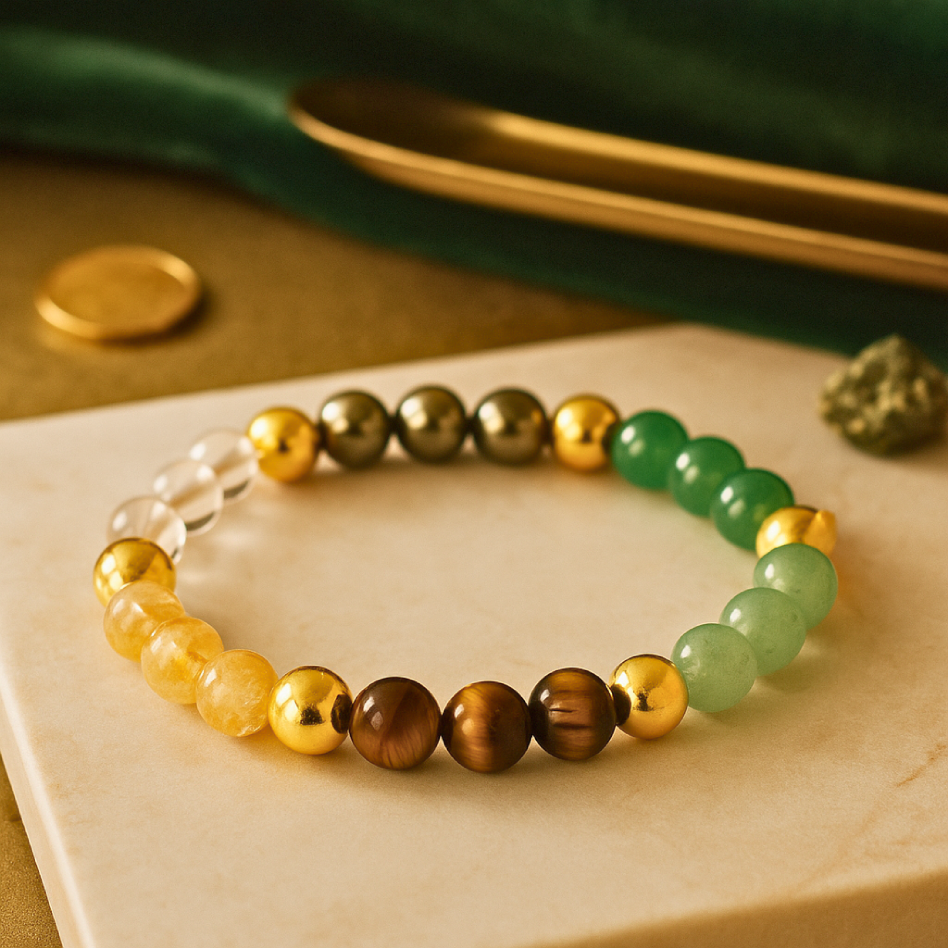 Wealth Attraction Citrine, Sphatik & Green Jade Bracelet